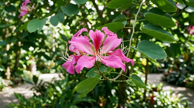 vibrant tropical orchid tree blossom featuring striking pink petals with delicate white filaments surrounded by lush green foliage in an outdoor botanical garden setting flower pink blossom bloom