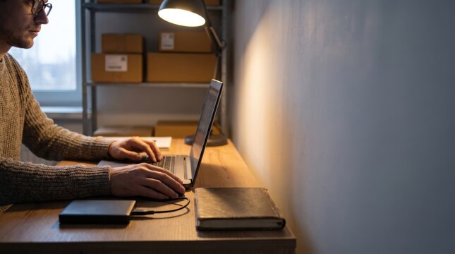 A man works on a laptop at a wooden desk, illuminated by a desk lamp with shelves and boxes in the background.