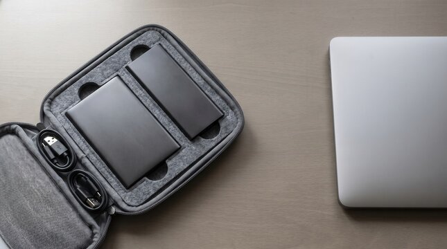 A compact tech organizer case with charging cables and a portable device lies open on a wooden surface beside a closed laptop.