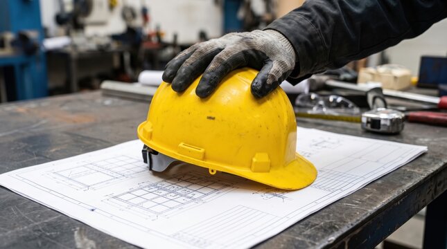 A person wearing a glove places a yellow construction helmet on architectural blueprints in an industrial workshop setting.