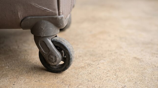 Close-up of a worn suitcase wheel on a smooth, beige floor surface, showing signs of use and travel.