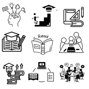 Set of black and white icons representing education learning study academic success and knowledge sharing