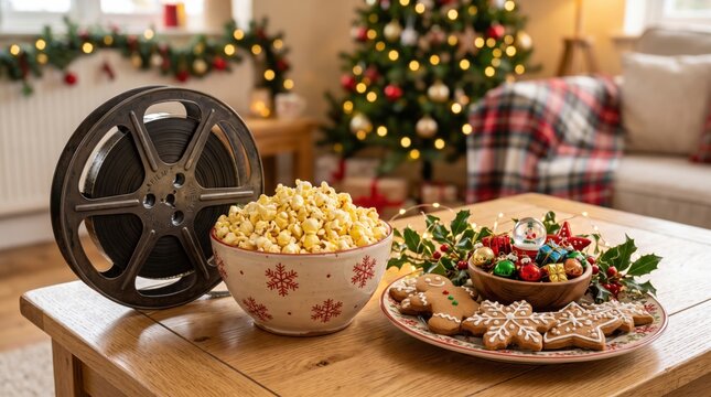 A cozy Christmas setting featuring a bowl of popcorn, festive cookies, holly decorations, and a vintage film reel on a wooden table with a decorated Christmas tree and plaid sofa in the background.
