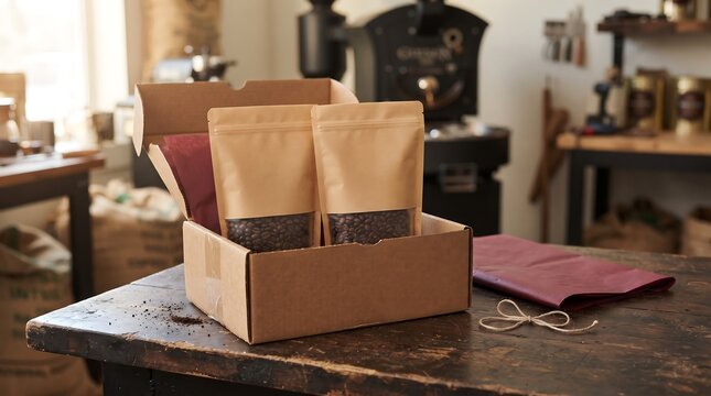 Two brown paper coffee pouches inside a cardboard shipping box on a dark wooden table, with burgundy tissue paper and a piece of twine nearby