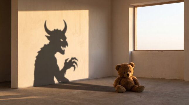 Cute brown teddy bear sitting alone in a room casting a long scary horned monster shadow on the wall in warm sunlight.