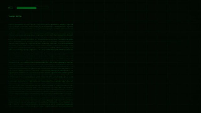An abstract motion graphics background featuring a military green HUD interface with digital glitch effects, scanning lines, data bars, and binary code transmissions, created with HTML5 canvas and Jav