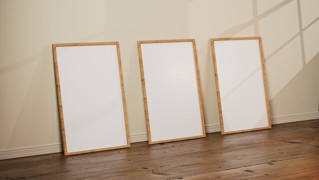 3D Render of Three Wooden Picture or Poster Frames Mockup Blank Triptych Canvas on Wall.