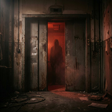 Creepy humanoid figure standing inside old rusty elevator in dark abandoned