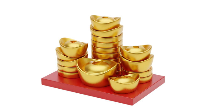 Stack of golden coins on a red surface with wooden texture isolated on transparent background