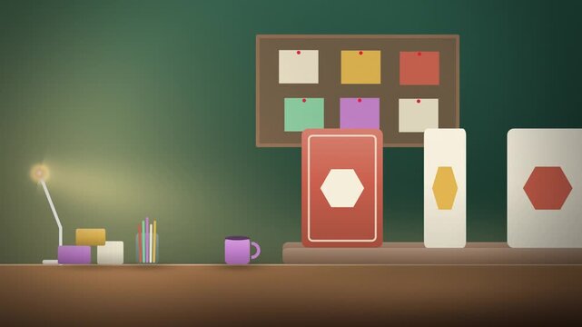 Green flashcards on a desk education science in classroom wide scene