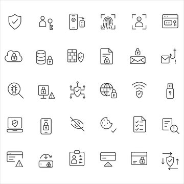 Set of 30 cybersecurity line icons, shield, lock, fingerprint, firewall, phishing and encryption
