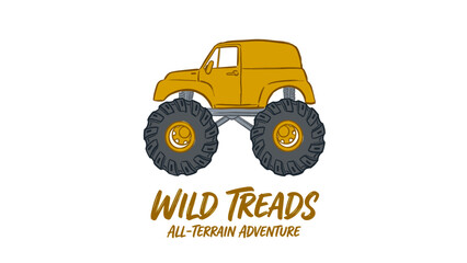 Hand-drawn yellow monster truck illustration with massive off-road tires and visible suspension, featuring vintage style typography reading Wild Treads All-Terrain Adventure on white. © Muhammad