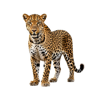 A beautiful leopard stands facing forward on a clean white background