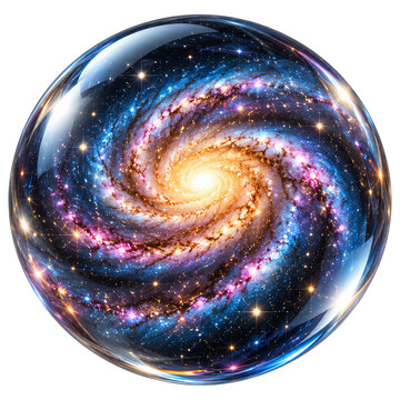 3D spiral galaxy contained within a glossy glass sphere showing stars and nebulae isolated on a transparent background