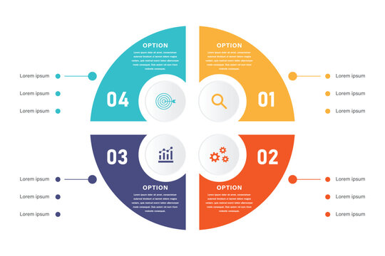 Four option circular Venn diagram infographic concept with numbered quadrants and business icons for workflow templates
