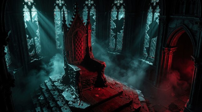 Red bloody throne sits in dark gothic cathedral. Broken stained glass windows let light through misty air. Eerie stone interior with smoke, shadows. Mysterious ancient of power in abandoned haunted
