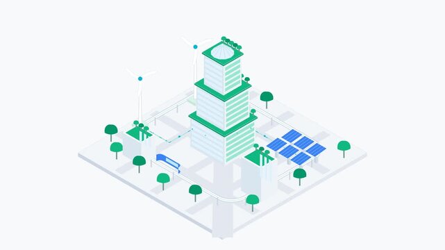 A clean isometric eco-city with a stepped vertical-forest tower, rooftop glass dome, rotating wind turbines, tracking solar panels and autonomous transit pods.
