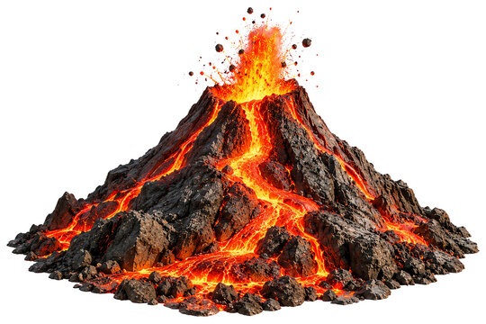 Active volcano erupting with flowing red hot lava and glowing magma streams down rocky slopes isolated on a transparent background