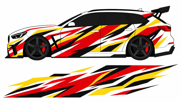 Colorful racecar with dynamic flame decals and bold graphic wrap design.