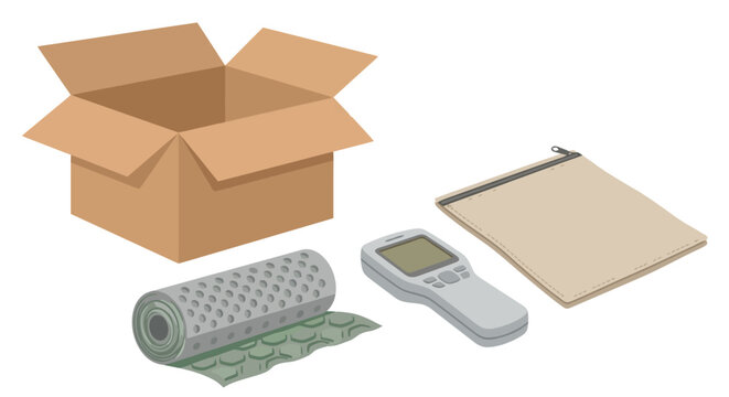 Open cardboard box with bubble wrap roll and electronic device vector illustration