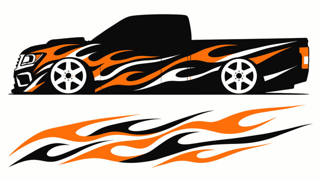 Sleek black sportscar with vibrant orange flames and dynamic graphic decals on stylized body.