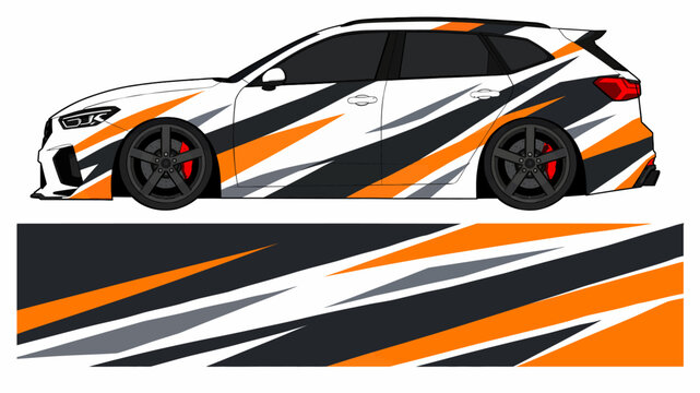Stylized orange, black, and white race car with dynamic stripe design.