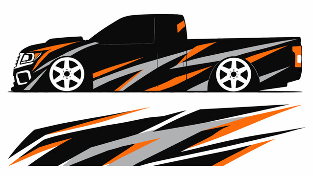 Stylized black and orange pickup truck graphic with racing stripes and decals.