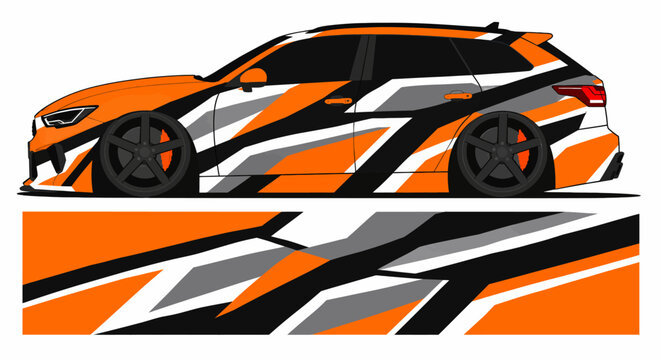 Vibrant orange, black, and white race car graphic wrap with geometric stripes and bold motion.