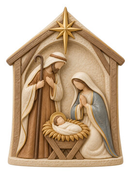 Christmas nativity relief with a holy family and baby in a manger beneath a gold star, framed by a stable with wood beams and cream figures on white for religious education and devotional publications