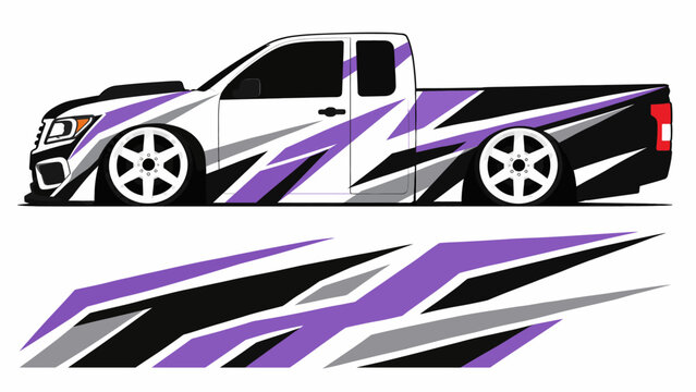 Stylized purple racing pickup truck with bold graphic decals and aerodynamic detailing.