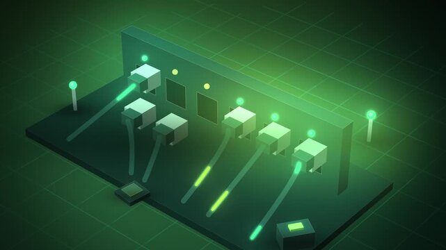 Green connector ports with plugs docking and glowing leds angled view