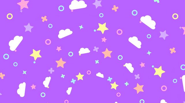 cute star and cloud pattern on a purple background. Seamless loop footage.