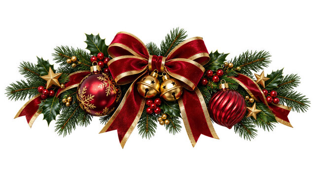 Christmas evergreen swag with holly, berries, red baubles, gold bells and stars beneath burgundy ribbon bow, isolated on transparent background decorative for festive packaging and gift accents