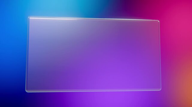 3D glass card floating over vivid blue, violet and orange aura, seamless loop. Empty glassmorphism frame with light on its edges for titles, apps and social media. 4K