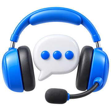 Blue 3D headphones with a microphone and a white chat bubble icon with three dots isolated on a transparent background