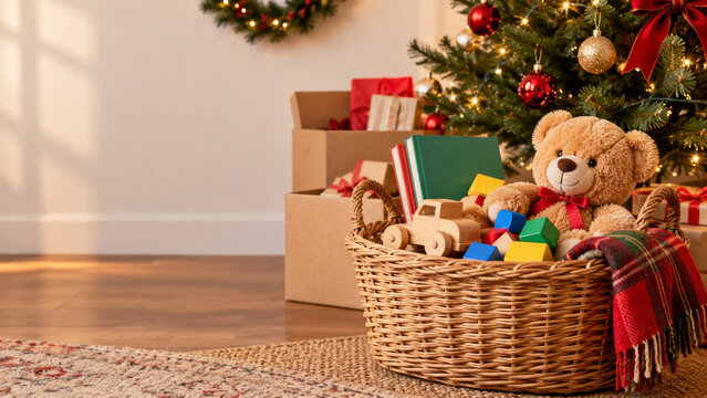 Christmas toy collection basket with teddy bear, wooden truck, colorful blocks, books and scarf near open boxes and a decorated tree, with light wall copy space for a seasonal community gift appeal