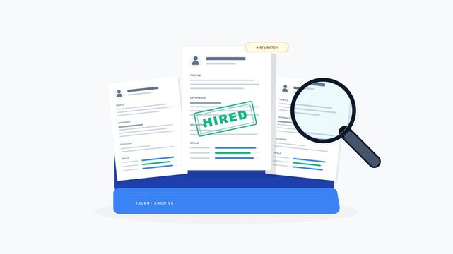 A premium 4K flat 2D motion graphic illustrating human resources recruitment and job candidate screening. A magnifying glass glides over resume sheets and curriculum vitae documents inside