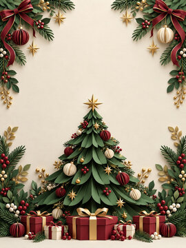 Christmas paper tree illustration with gift boxes, baubles, gold stars and burgundy bows framing ivory message space, arranged with layered evergreen foliage for a festive tall greeting card design