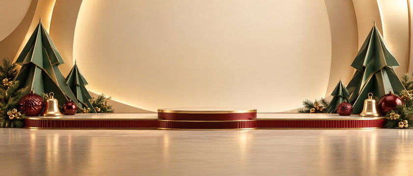 Christmas product stage with a burgundy platform and round podium between folded green trees, gold bells and red baubles, leaving an open cream backdrop for a festive panoramic retail display campaign