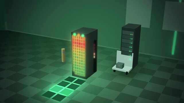 Green server rack temperature heat map with cold room scene appearing