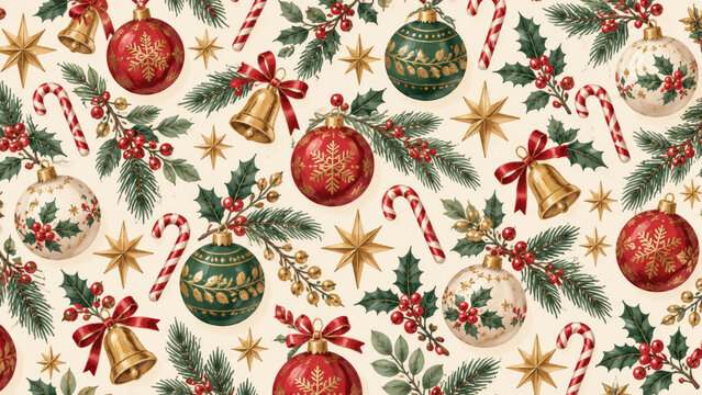 Christmas gouache pattern of baubles, gold stars, bells, candy canes, holly and pine on cream, with scattered red and green botanical motifs for festive gift wrapping, packaging and stationery