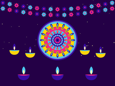 Diwali celebration background with diya lamps, marigold garland and rangoli in indigo pink and cyan, vector