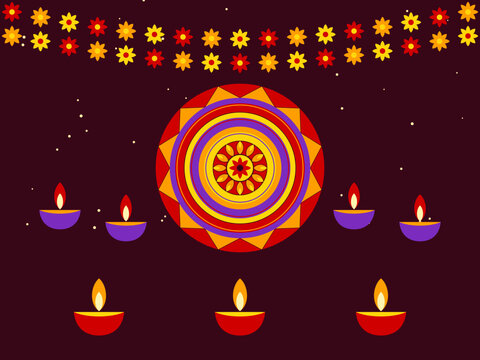 Diwali celebration background with diya lamps, marigold garland and rangoli in red orange and violet, vector
