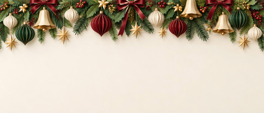 Christmas paper garland of bells, baubles, bows, evergreen branches and stars above ivory copy space, forming a decorative hanging border for festive correspondence and a wide seasonal greeting banner