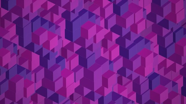 Abstract geometric background with isometric cubes in shades of purple and pink, creating a visually dynamic and modern pattern
