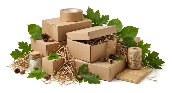 Eco-friendly packaging set featuring brown cardboard boxes, paper tape, shredded filler, twine, acorns, and green oak leaves, isolated on a clean white background.   