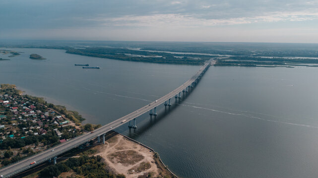 Long Highway Bridge Crossing a Wide River in Russia