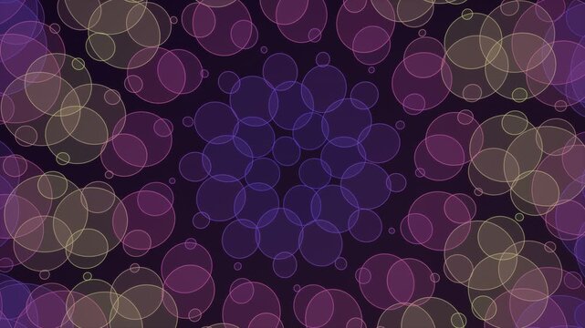 Abstract purple and golden circular bokeh pattern design featuring a layered floral motif for creative digital art backgrounds and motion visuals