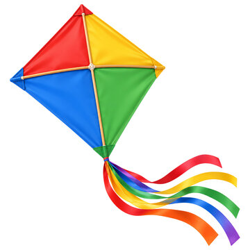 Colorful traditional diamond shaped kite with wooden frame and flowing rainbow ribbon tail isolated on a transparent background