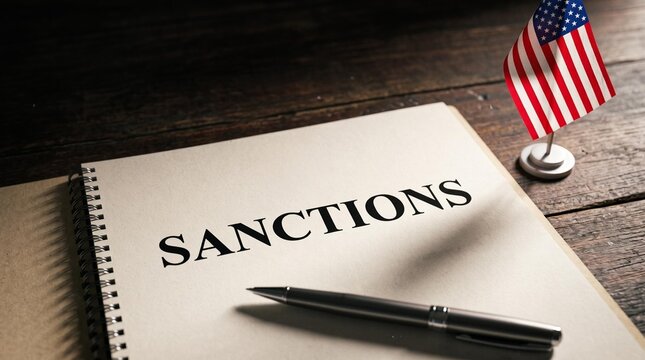 US Sanctions Document with American Flag and Pen on Wooden Table